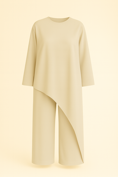 Ensemble Élégance Asymétrique – Robe Fluide & Pantalon Large