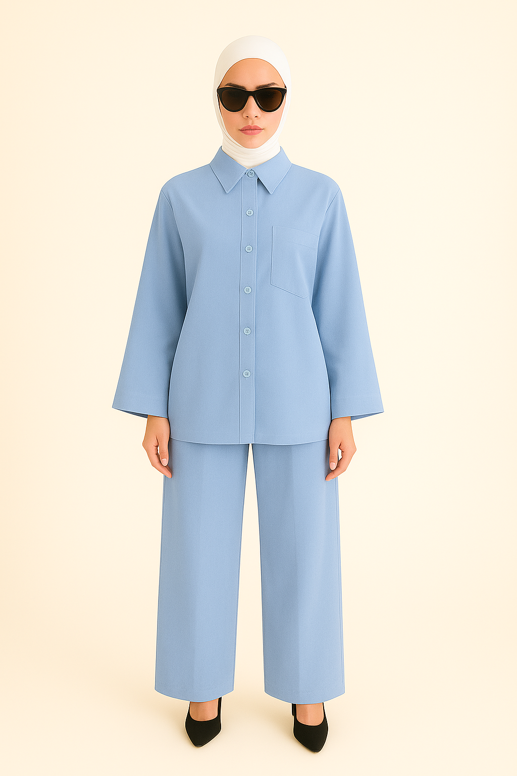 Ensemble Femme Élégant – Pantalon Fluide & Chemisier Manche Papillon