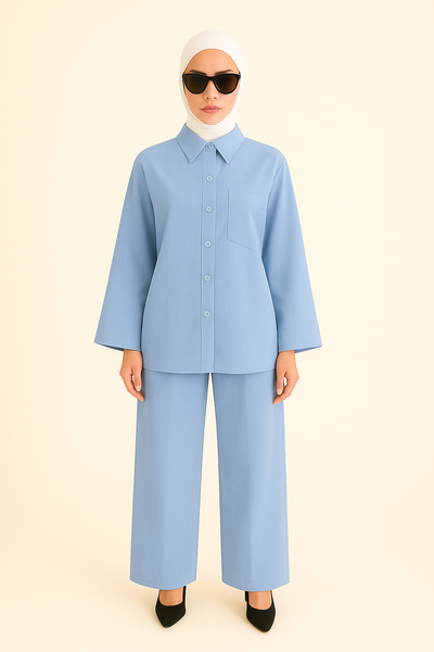 Ensemble Femme Élégant – Pantalon Fluide & Chemisier Manche Papillon