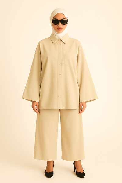 Ensemble Femme Élégant – Pantalon Fluide & Chemisier Manche Papillon