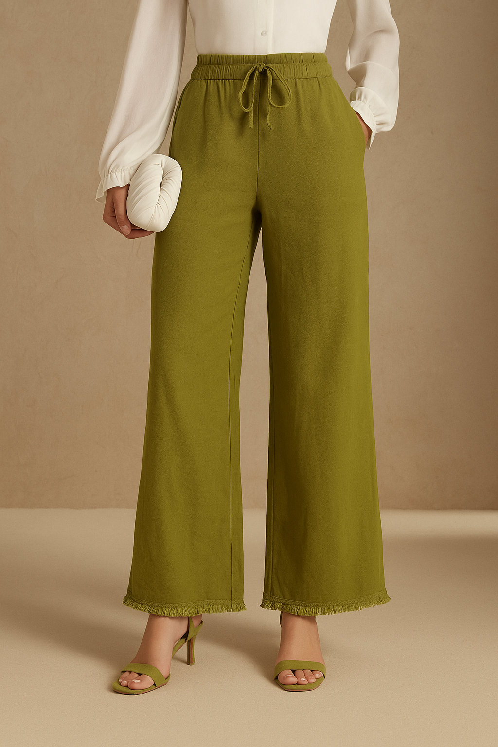 Pantalon large femme vert kaki –bas effiloché, coupe fluide