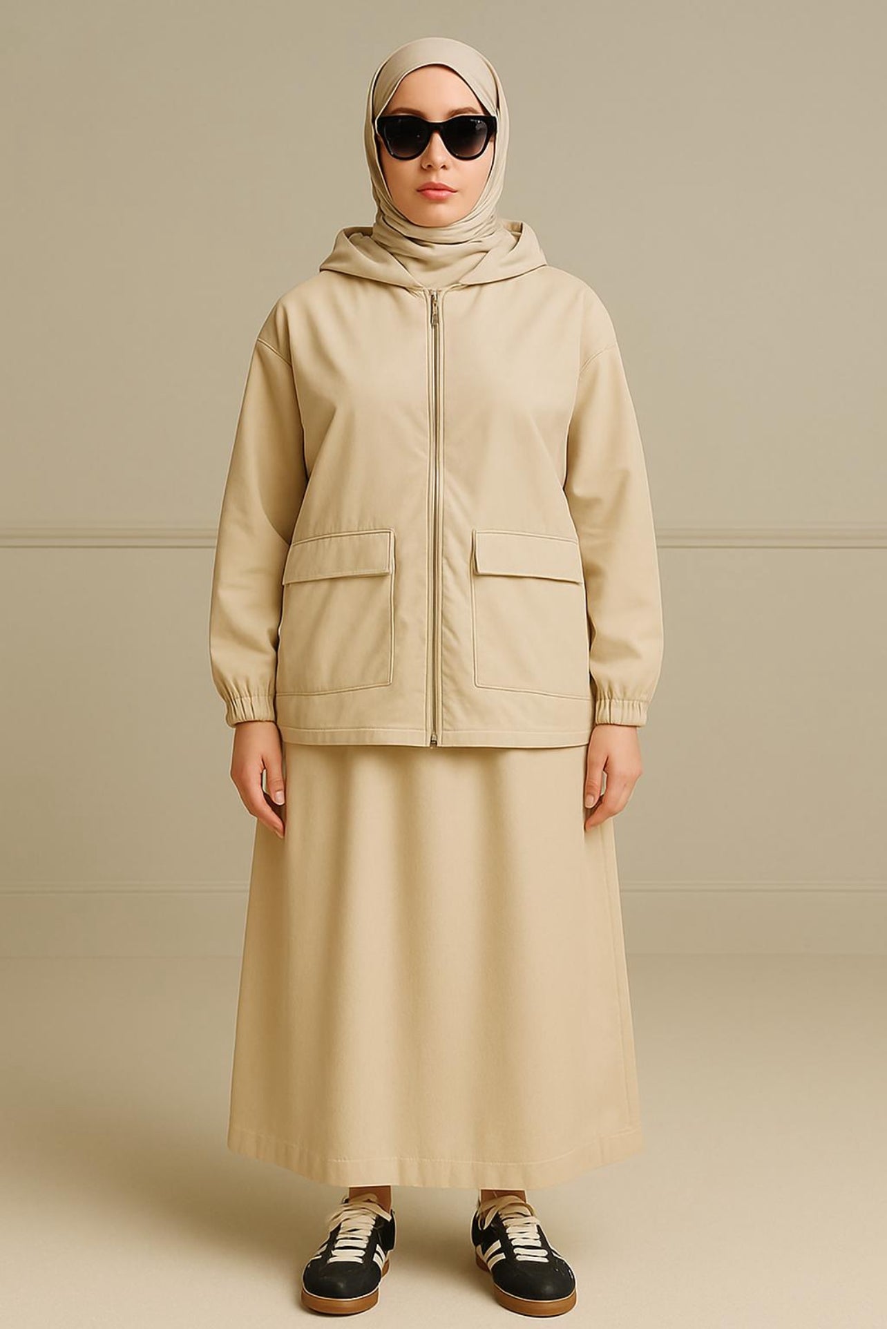 Ensemble Beige Clair – Veste à Capuche Zippée et Jupe Longue Fluide