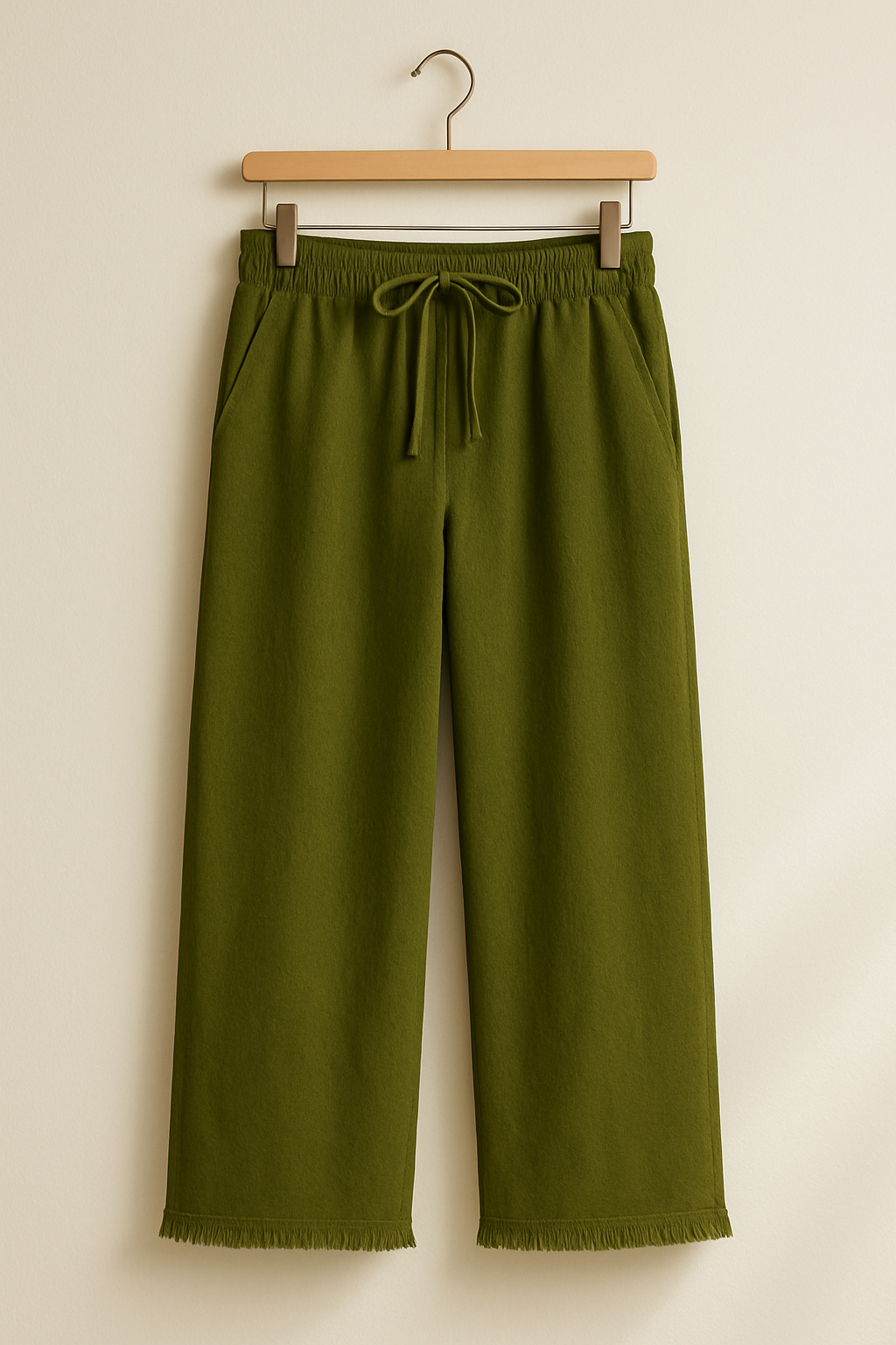 Pantalon large femme vert kaki –bas effiloché, coupe fluide