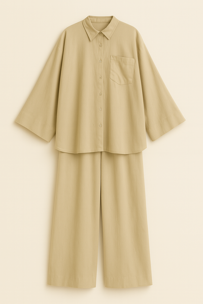 Ensemble Femme Élégant – Pantalon Fluide & Chemisier Manche Papillon