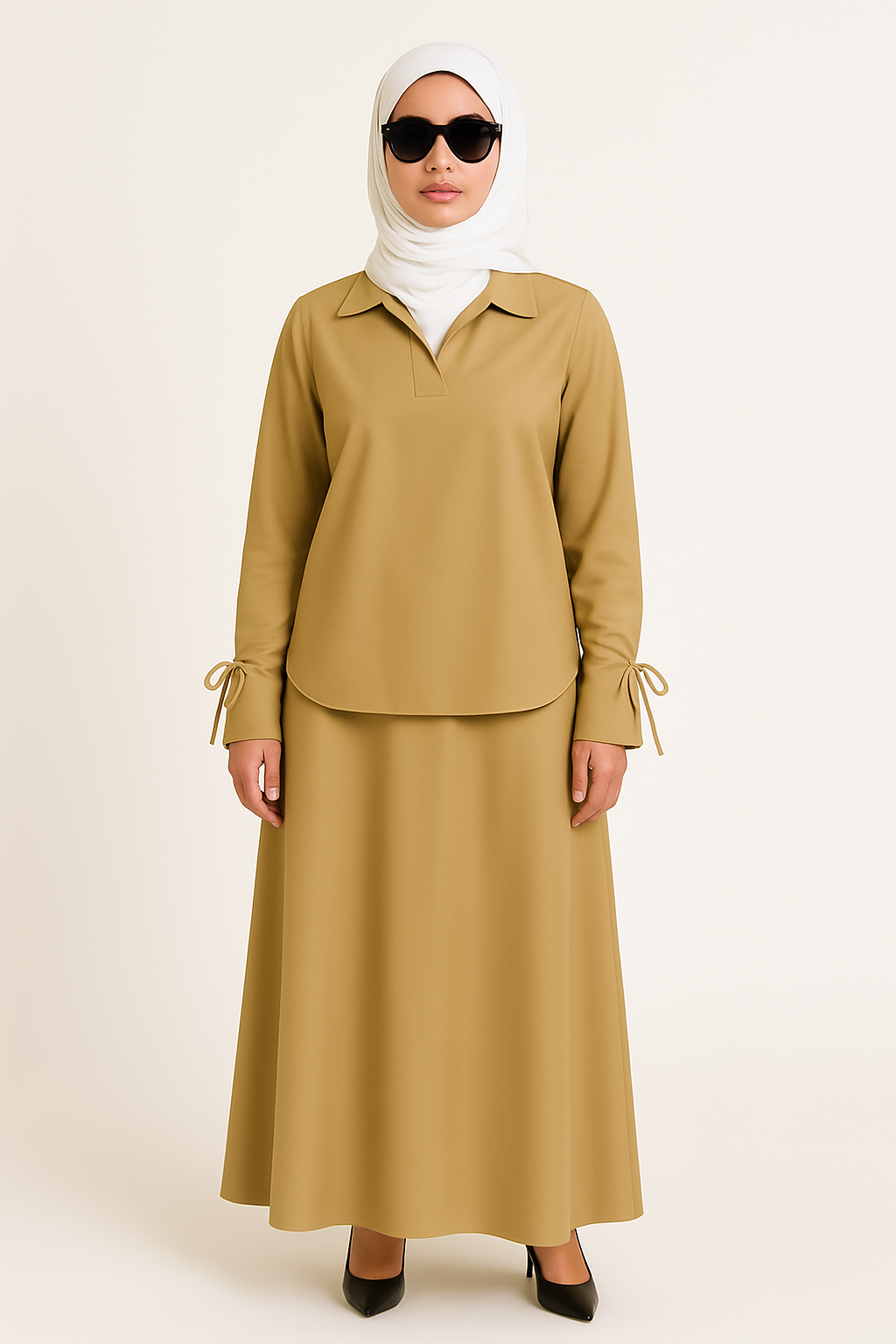 Ensemble femme chemisier manches nouées + jupe Sable Élégant