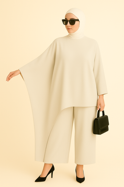 Ensemble Élégance Asymétrique – Robe Fluide & Pantalon Large
