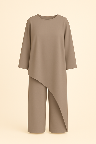 Ensemble Élégance Asymétrique – Robe Fluide & Pantalon Large