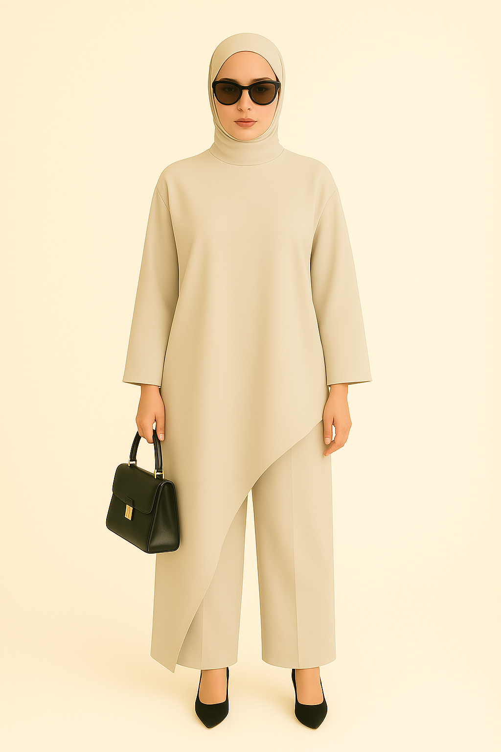 Ensemble Élégance Asymétrique – Robe Fluide & Pantalon Large