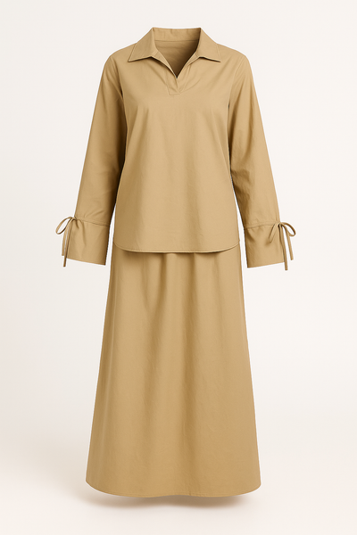 Ensemble femme chemisier manches nouées + jupe Sable Élégant