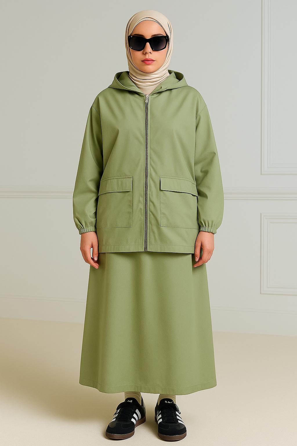 Ensemble Vert Kaki Clair – Veste à Capuche Zippée et Jupe Longue Fluide
