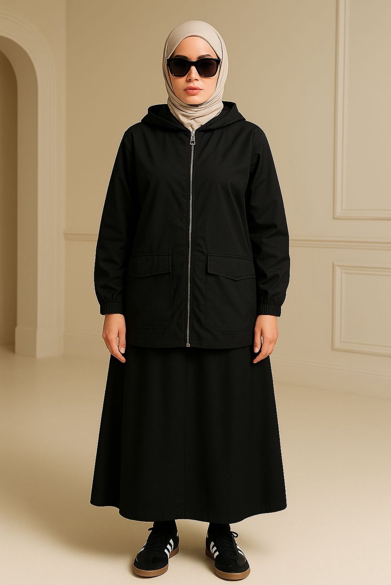 Ensemble Noir – Veste à Capuche Zippée et Jupe Longue Élégante