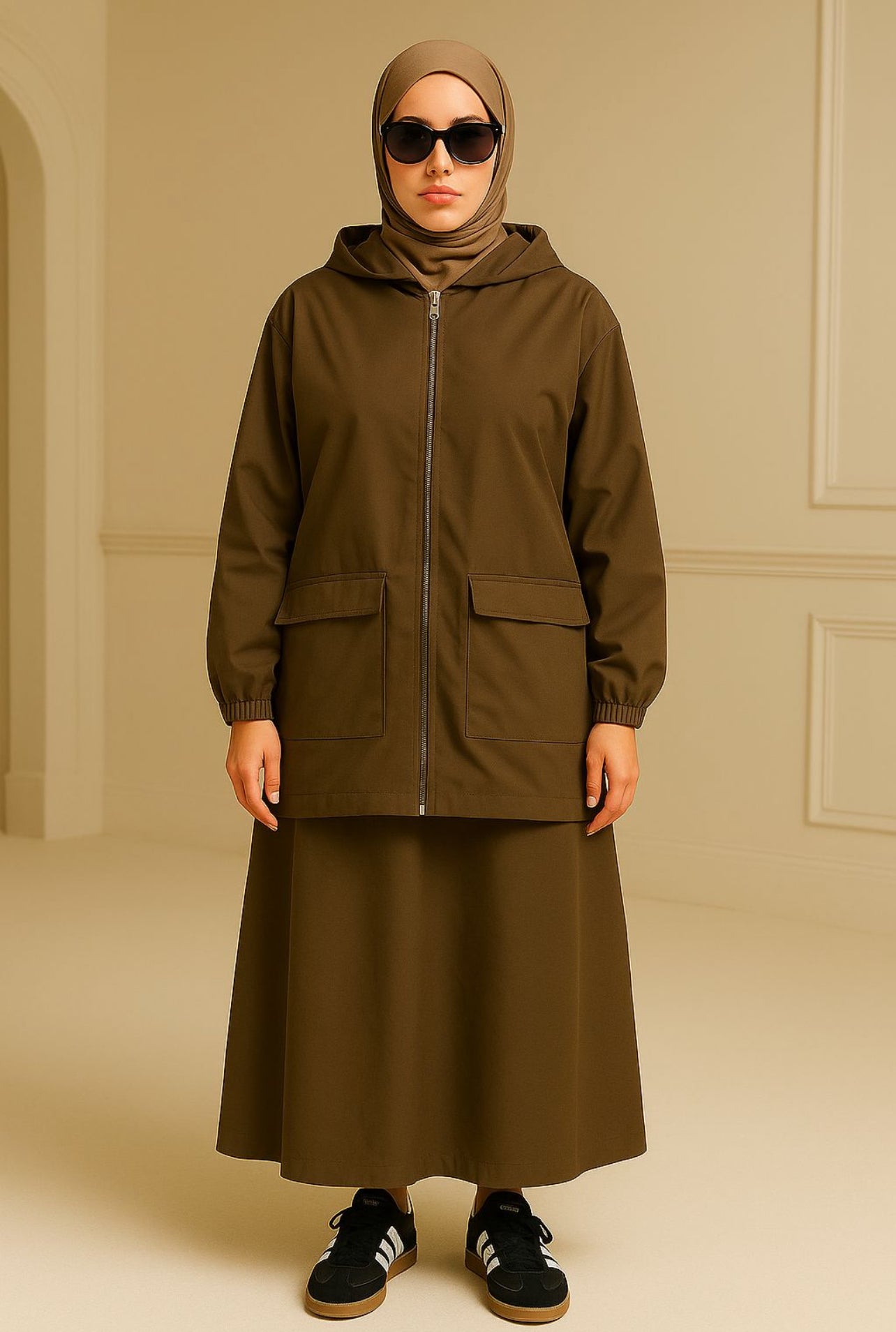 Ensemble Marron Kaki – Veste à Capuche Zippée et Jupe Longue Fluide