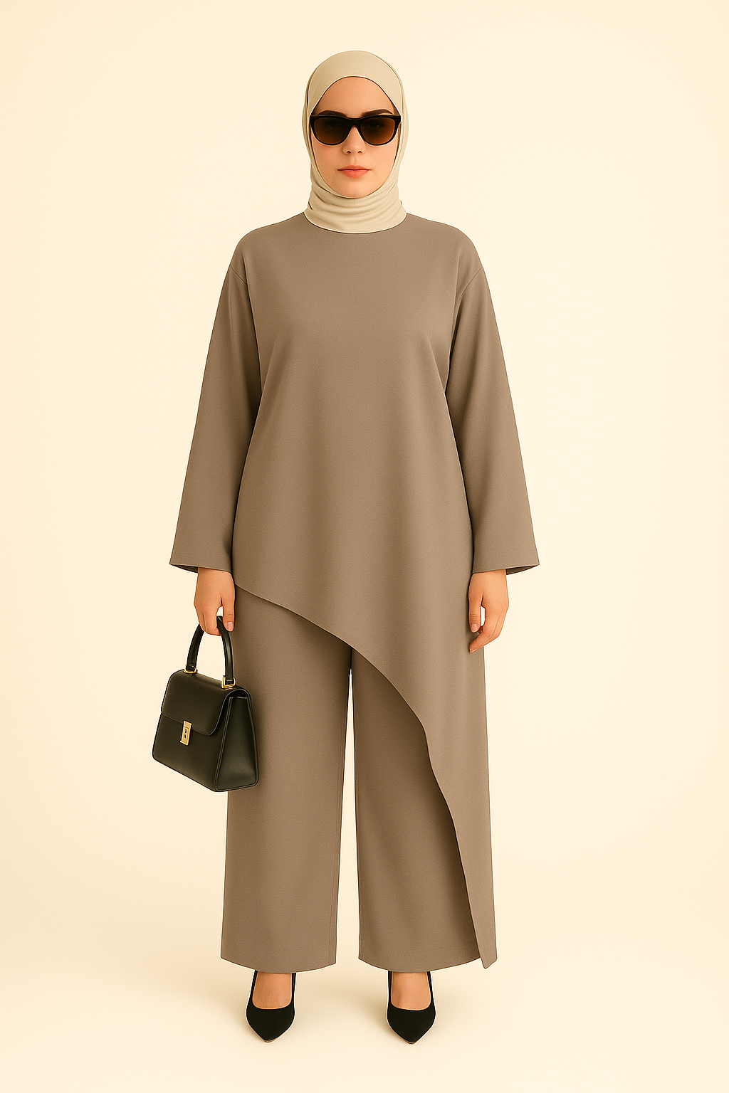 Ensemble Élégance Asymétrique – Robe Fluide & Pantalon Large